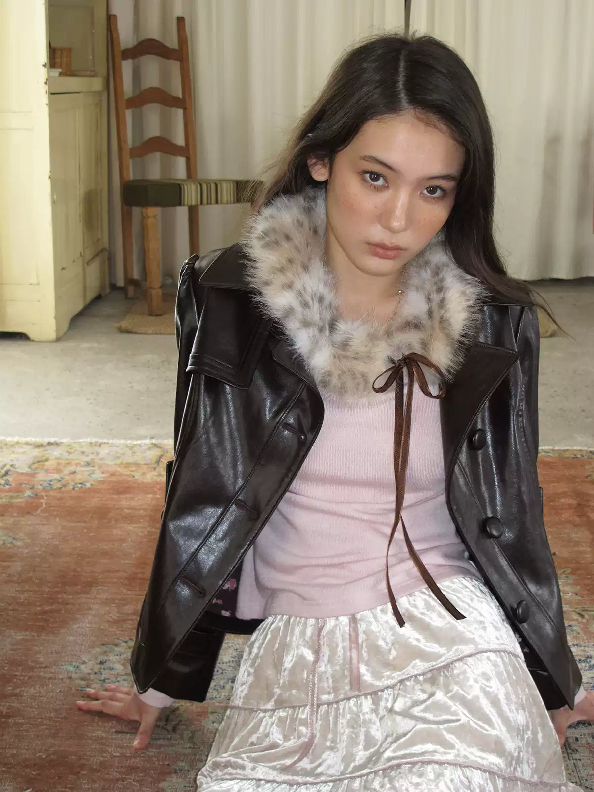 Ebony Brown Glossy Cropped Faux Leather Jacket