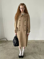 Khaki Peter Pan Collar Detachable-Hood Trench Coat