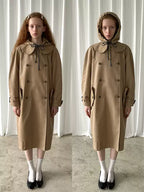 Khaki Peter Pan Collar Detachable-Hood Trench Coat
