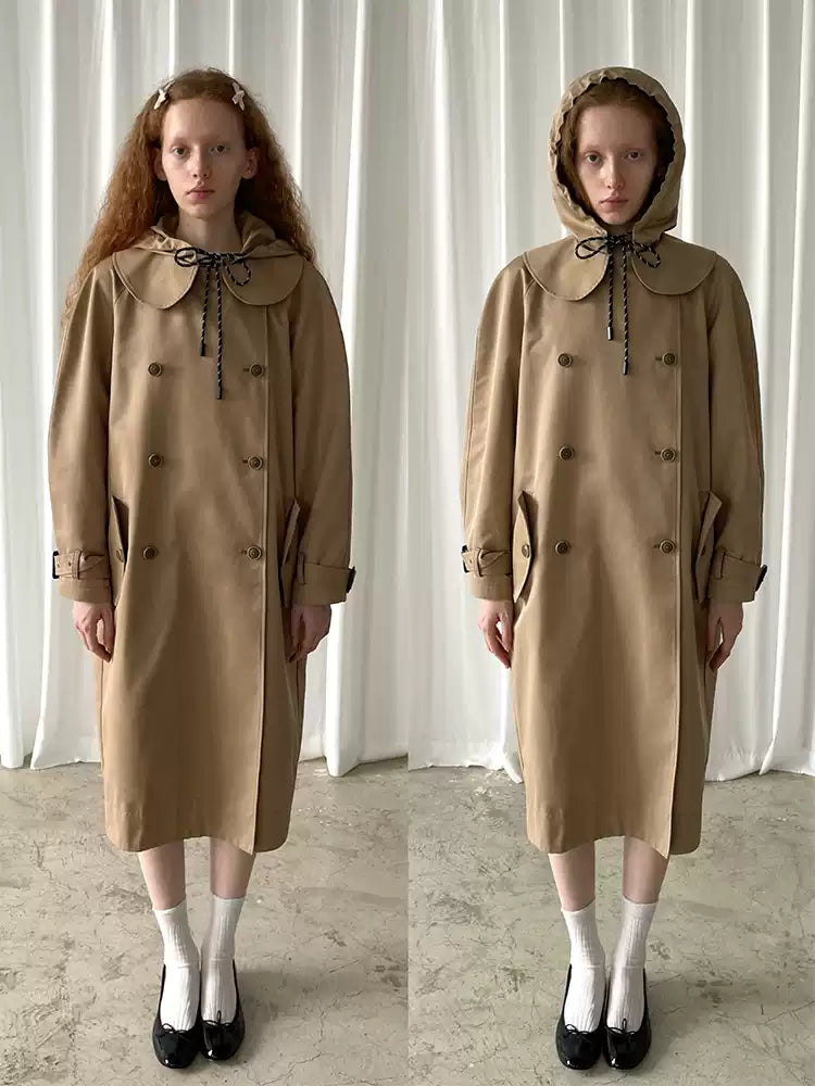Khaki Peter Pan Collar Detachable-Hood Trench Coat