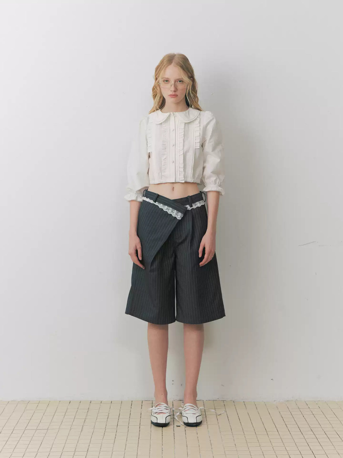 Double Peter Pan Collar Pleated Cropped Blouse