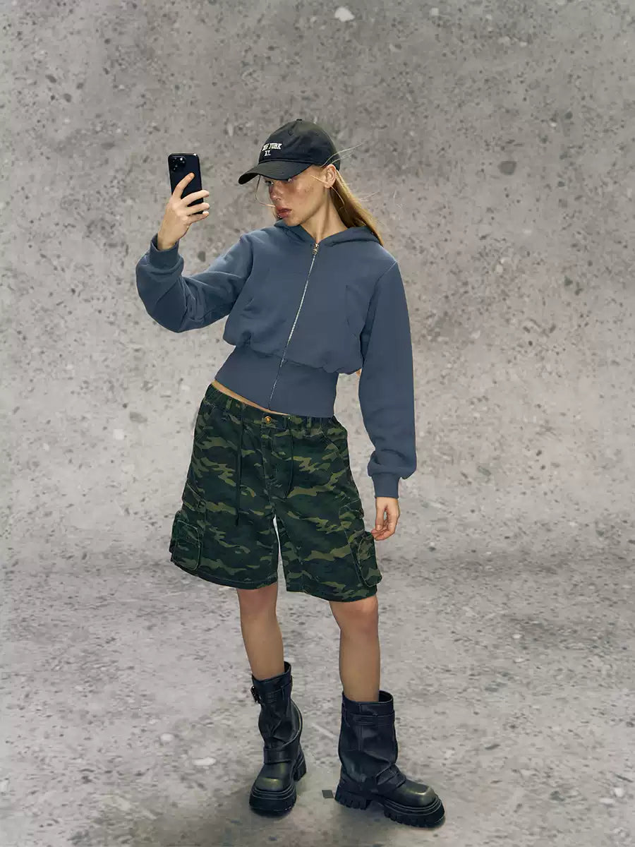 Two-Tone Cropped Zip-Up Hoodie