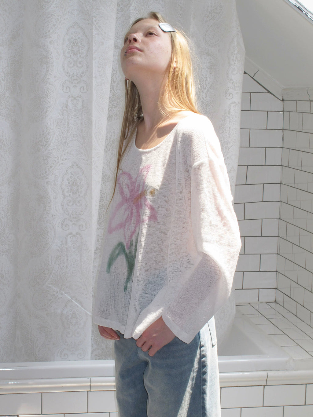 SOOMIE Sheer Floral Off-Shoulder Top