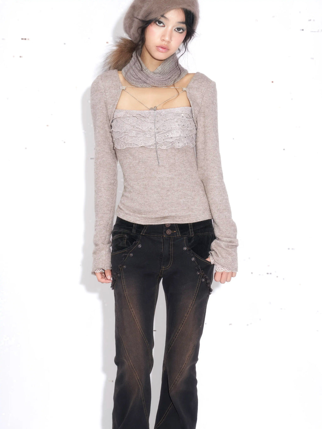 Rhinestone and Lace Layered Knit Top