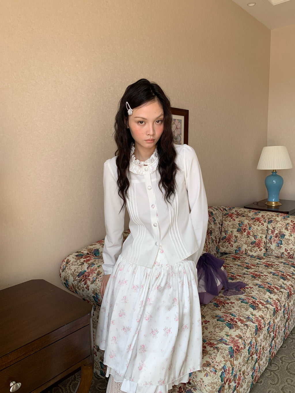 White Ruffle-Collar Blouse & Skirt Set