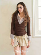 Contrast Faux V-Neck Knit Top