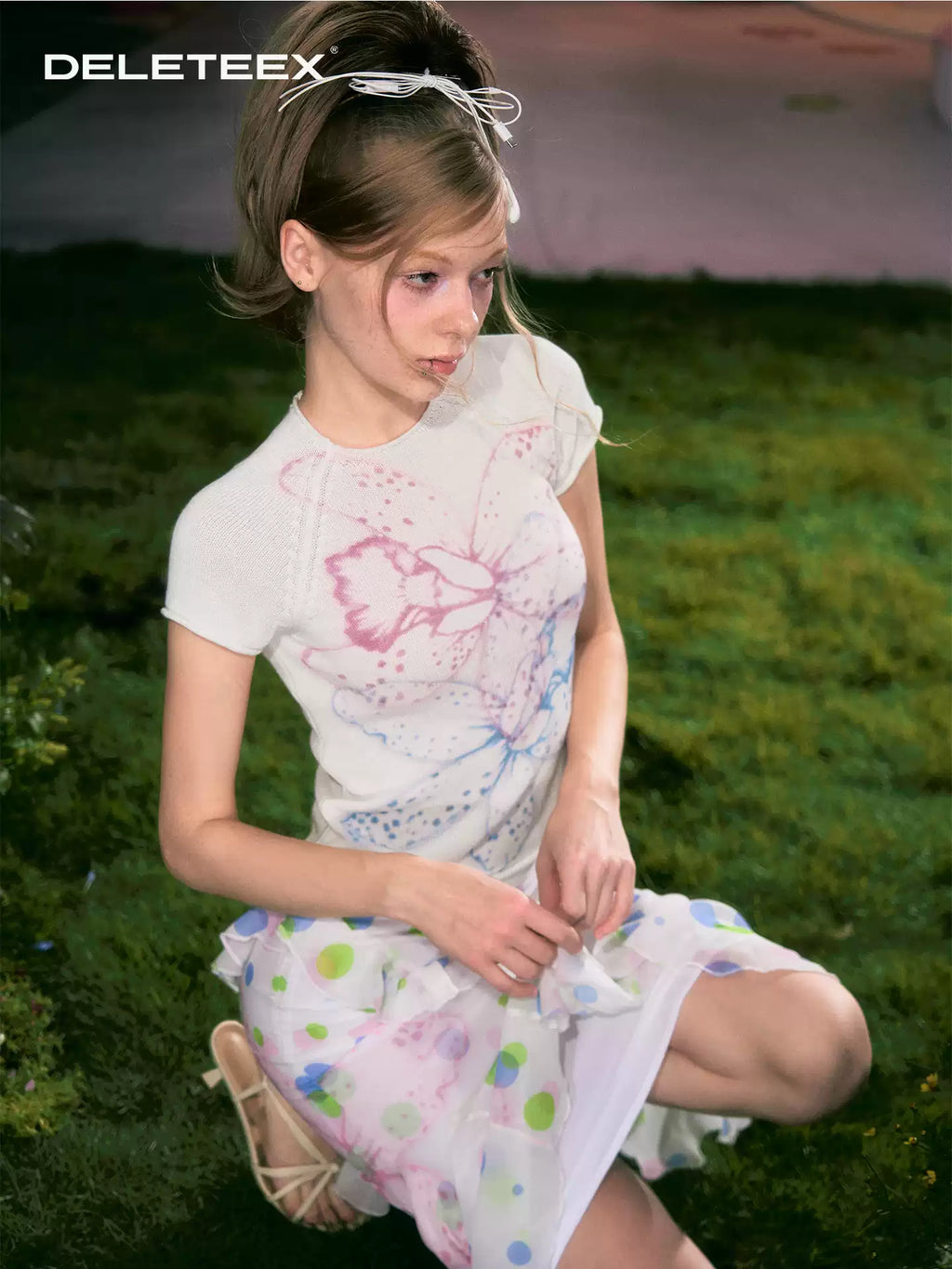 Gradient Floral Fitted Short-Sleeve Knit T-Shirt
