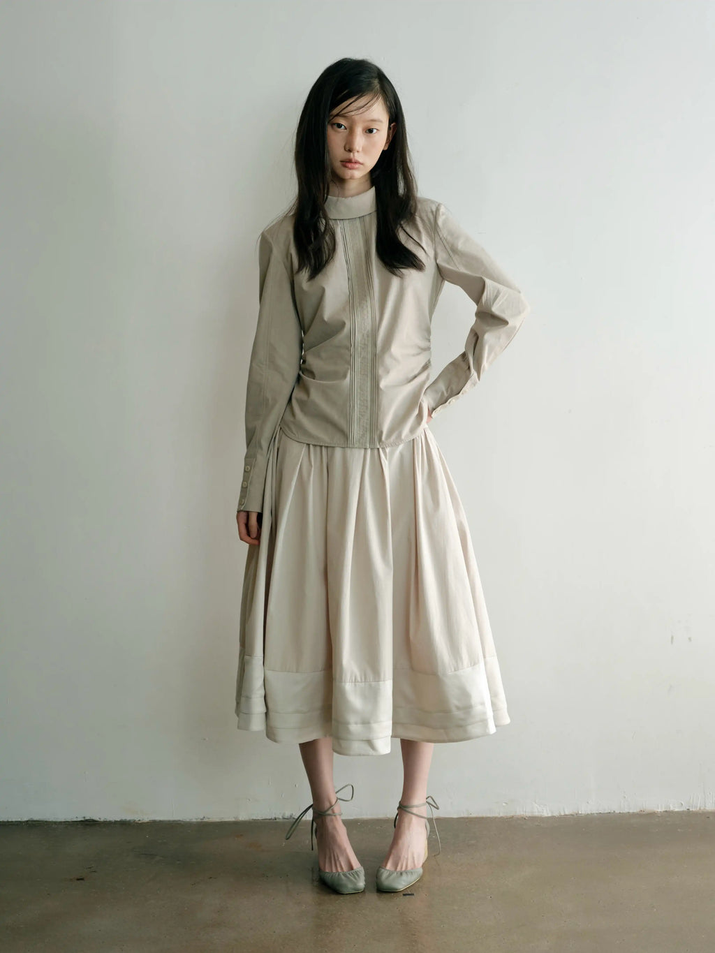 Pebble Gray Stand Collar Long Sleeve Blouse