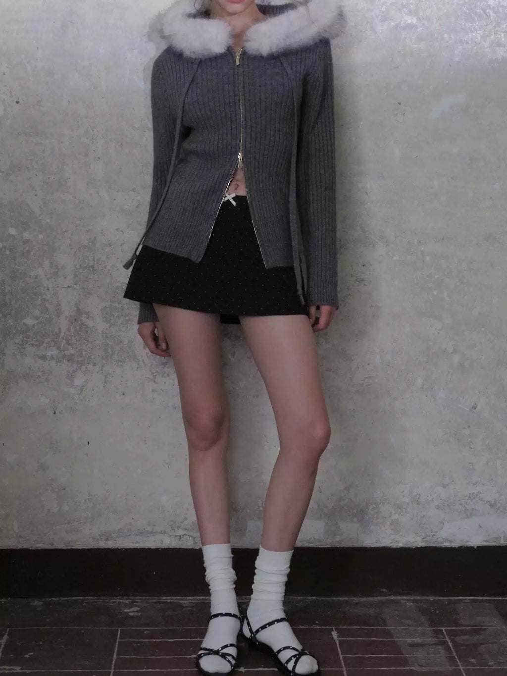 Hooded Cable Knit Zip Cardigan with Fur Collar
