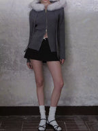 Hooded Cable Knit Zip Cardigan with Fur Collar