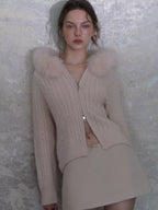Hooded Cable Knit Zip Cardigan with Fur Collar