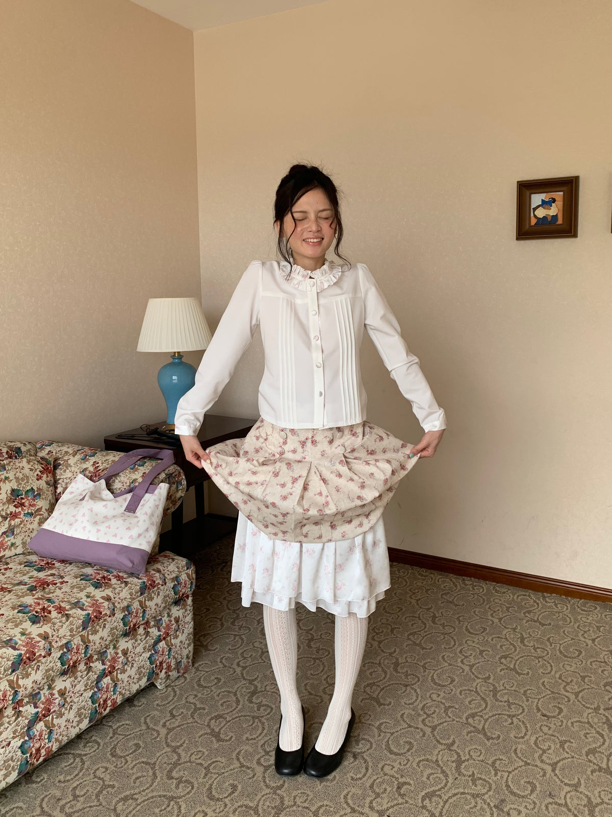 White Ruffle-Collar Blouse & Skirt Set