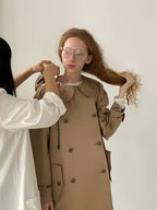 Khaki Peter Pan Collar Detachable-Hood Trench Coat