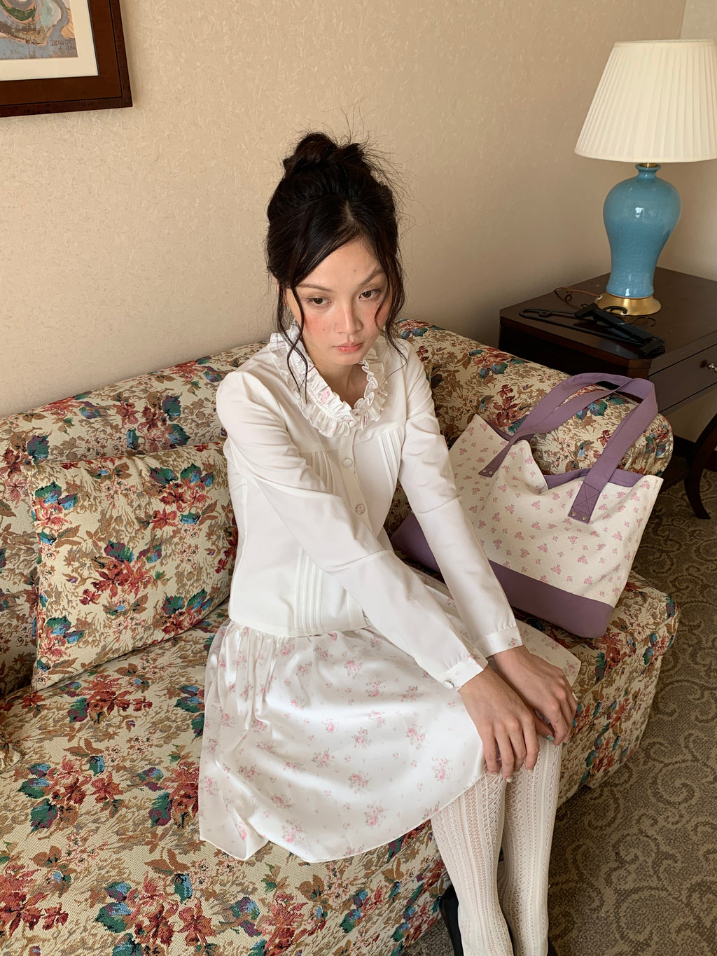 White Ruffle-Collar Blouse & Skirt Set