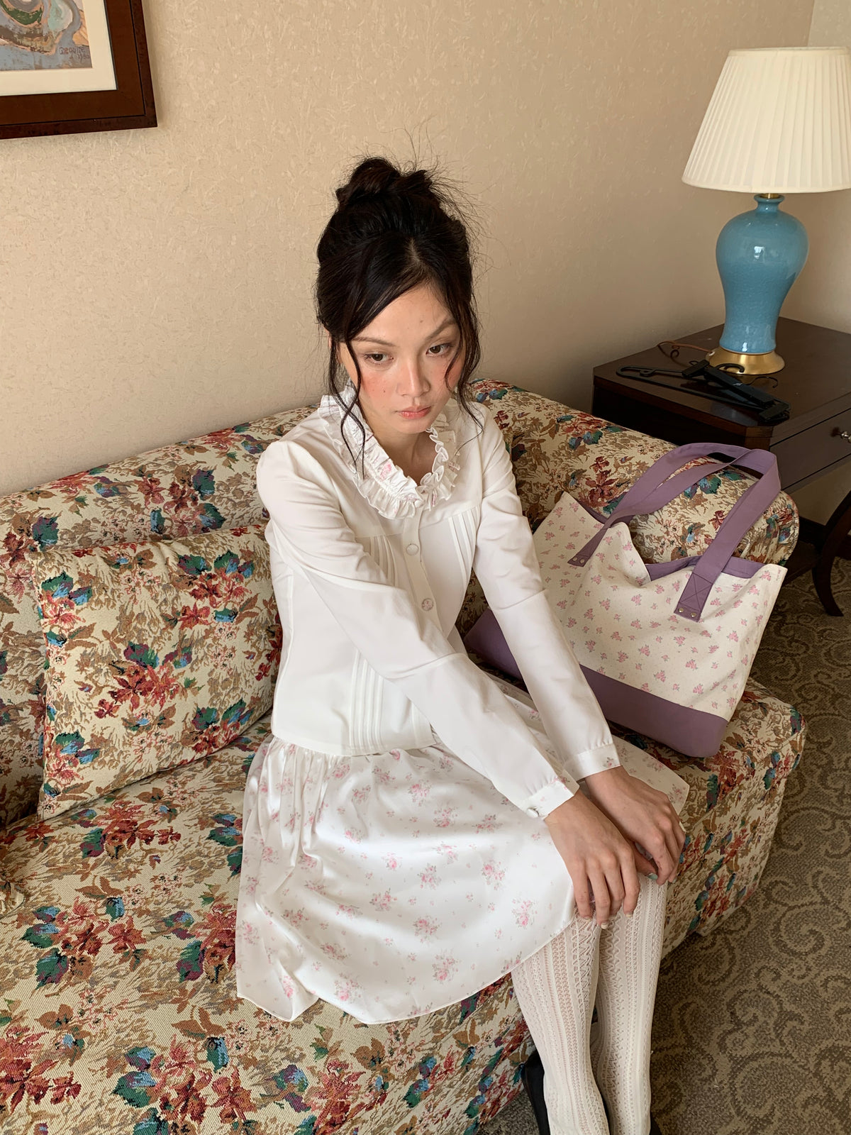 White Ruffle-Collar Blouse & Skirt Set