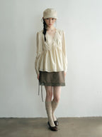 Vintage Lace Trim V-Neck Long Sleeve Blouse