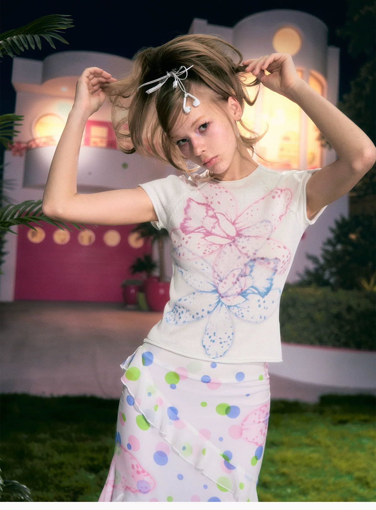 Gradient Floral Fitted Short-Sleeve Knit T-Shirt
