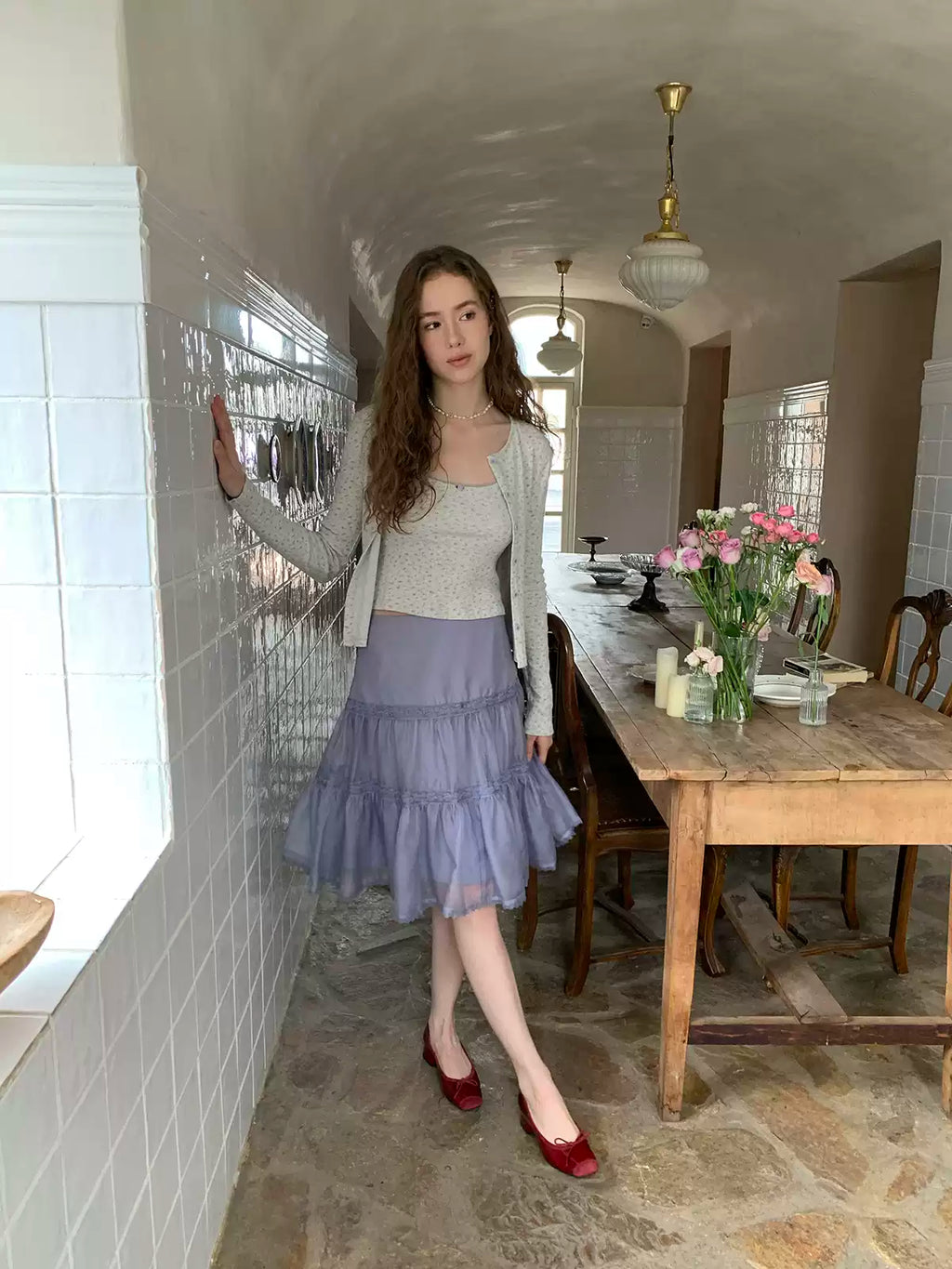 Soft Purple Lace Panel Pleated Tulle Skirt