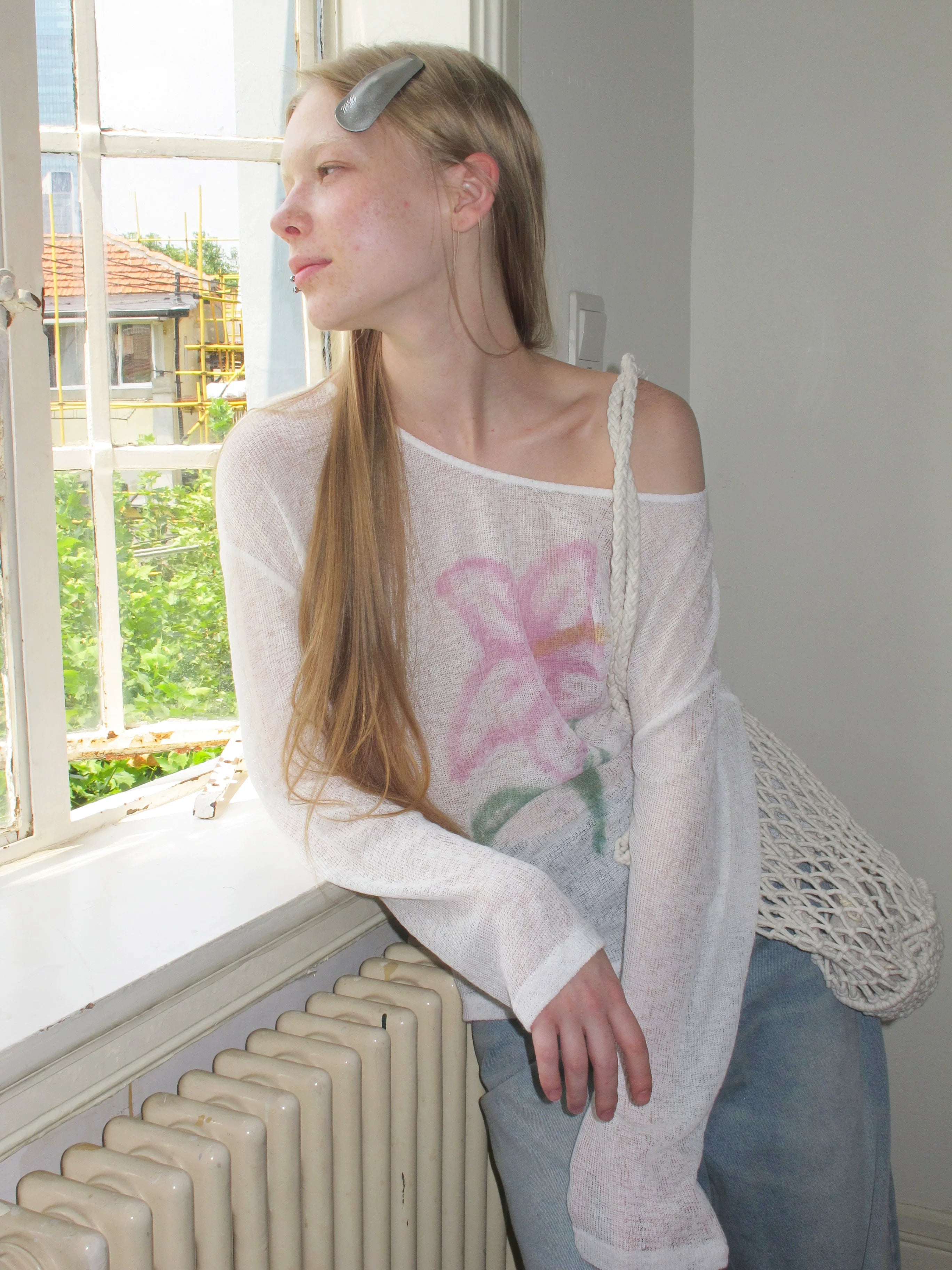 SOOMIE Sheer Floral Off-Shoulder Top