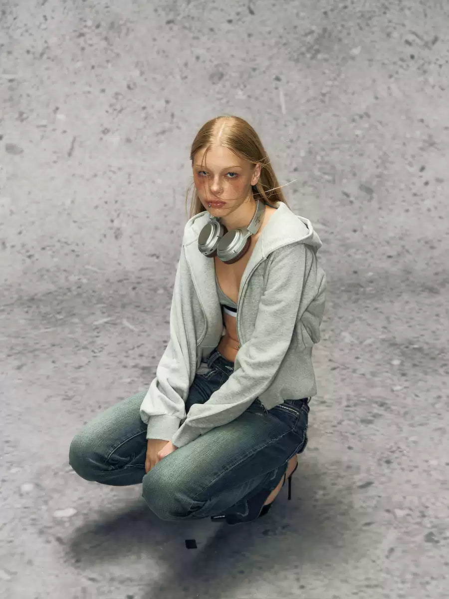 Two-Tone Cropped Zip-Up Hoodie