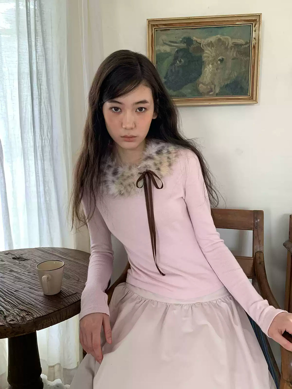 Misty Pink Knit Sweater with Faux Fur Collar