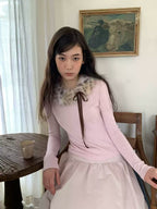 Misty Pink Knit Sweater with Faux Fur Collar