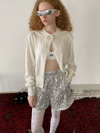 White Floral-Neckline Knit Cardigan
