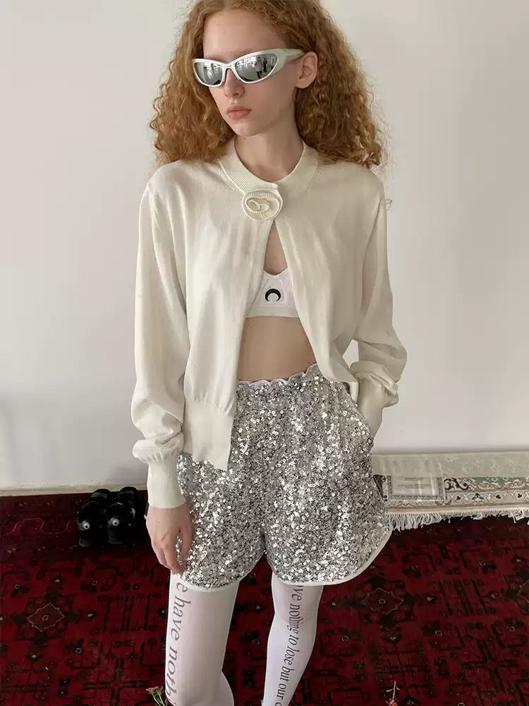 White Floral-Neckline Knit Cardigan