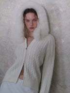 Hooded Cable Knit Zip Cardigan with Fur Collar