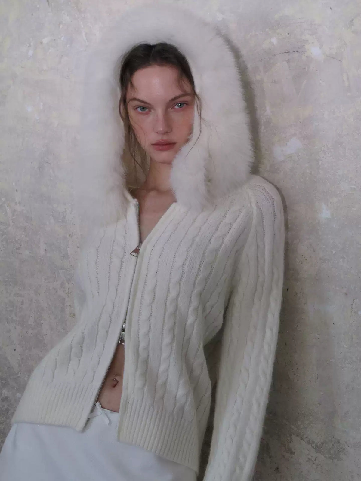 Hooded Cable Knit Zip Cardigan with Fur Collar