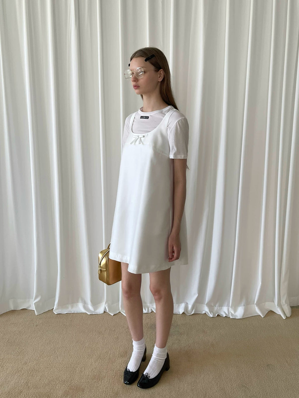 White Bow Sleeveless A-Line Dress