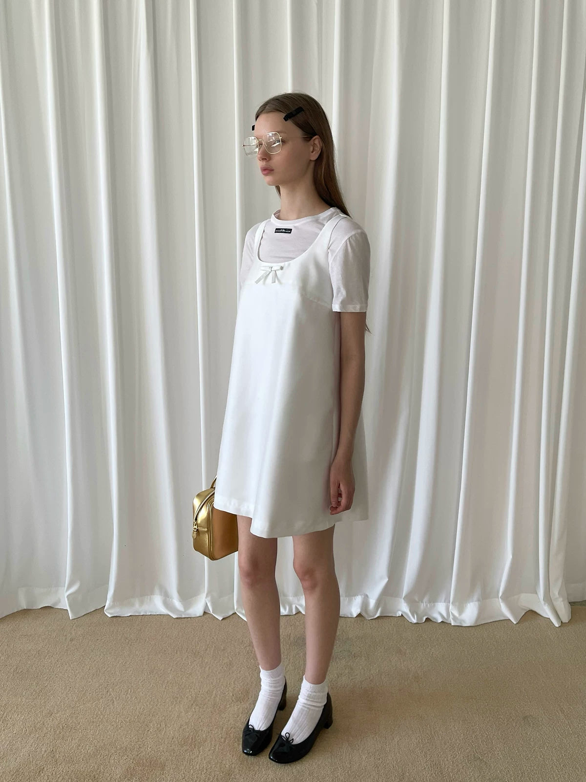 White Bow Sleeveless A-Line Dress