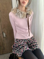 Misty Pink Knit Sweater with Faux Fur Collar