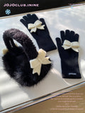 JOJOclub Plush Bow Black Gloves + Earmuffs Set