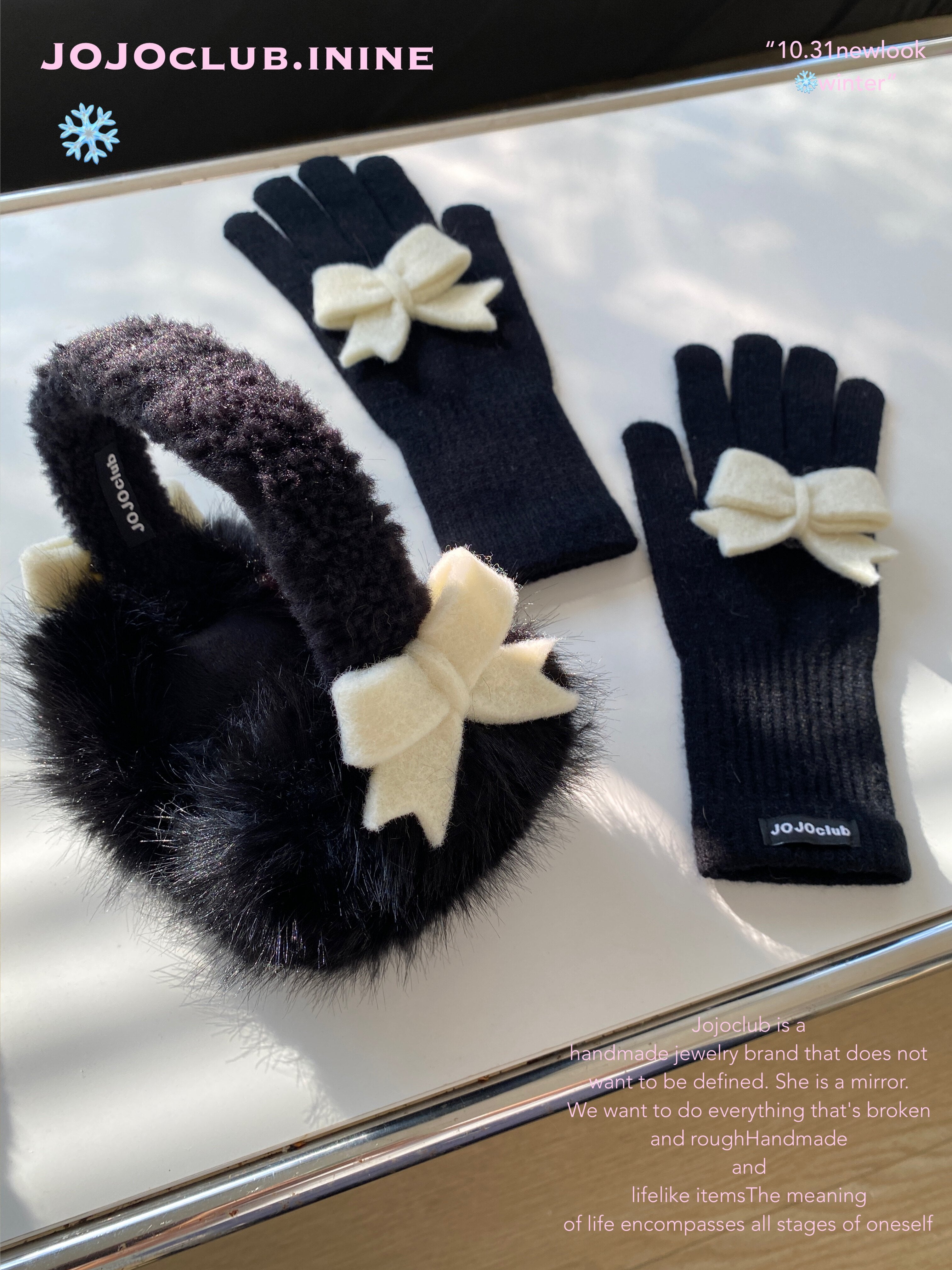 JOJOclub Plush Bow Black Gloves + Earmuffs Set
