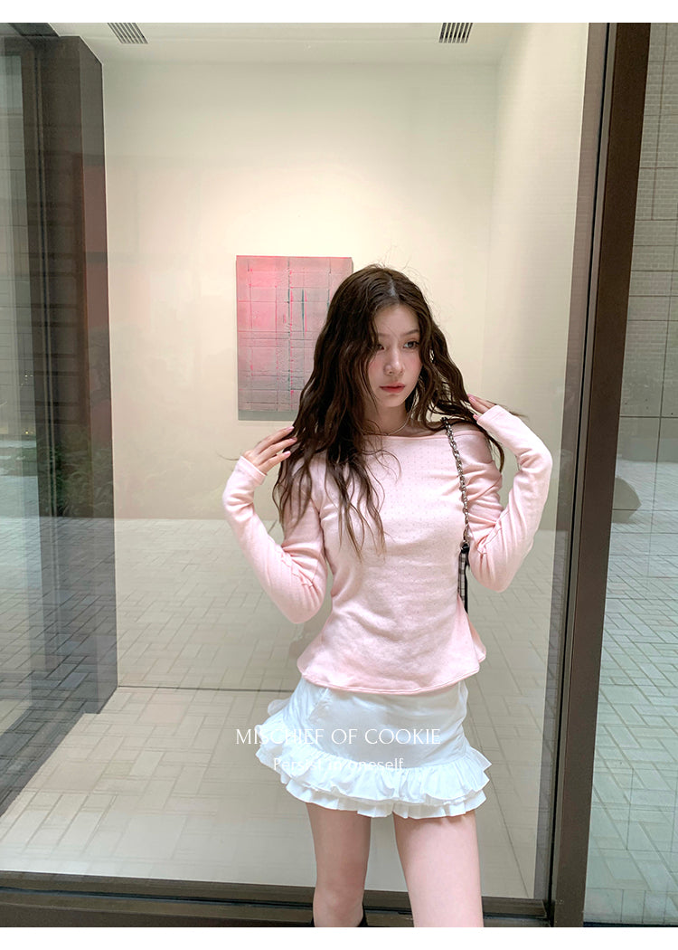 mischief of cookie ‘솜사탕성’ 레이스 카눌레 투웨이 핑크 롱슬리브 티